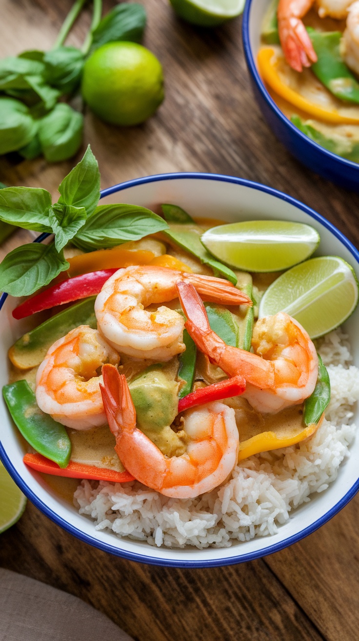 A bowl of Thai Coconut Curry Shrimp with shrimp, bell peppers, and snap peas in coconut sauce over rice, garnished with basil and lime.